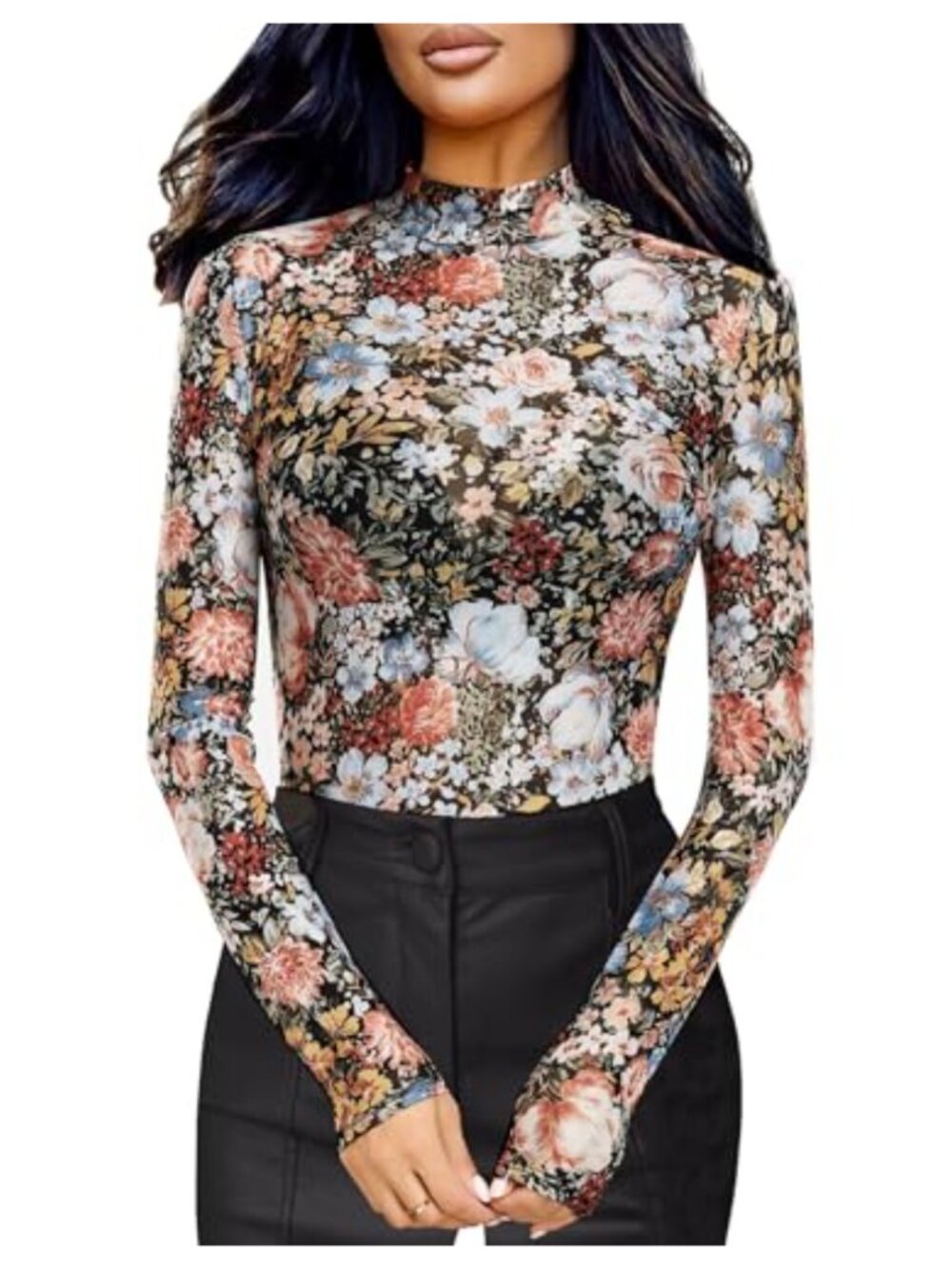 Womens Sheer Mesh Floral Long Sleeve Mock Neck Fitted Top